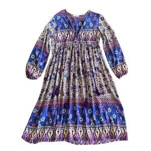 R. Vivimos Long Sleeve Midi Dress Sz M Floral V Neck Tassel Casual Boho Vacation